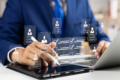 Businessmen using digital tablets with virtual checklists and profiles.